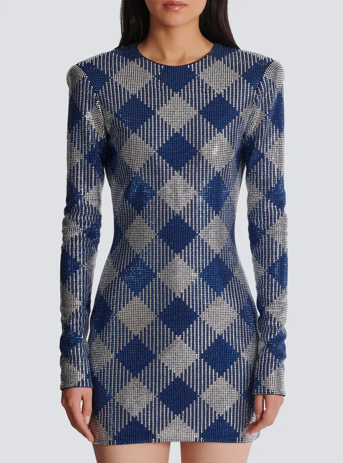 Balmain Gingham Rhinestone Dress Navy Women Dresses