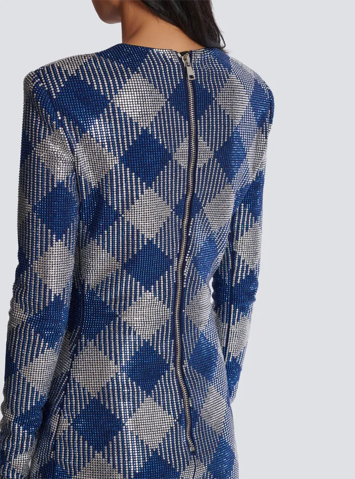 Balmain Gingham Rhinestone Dress Navy Women Dresses