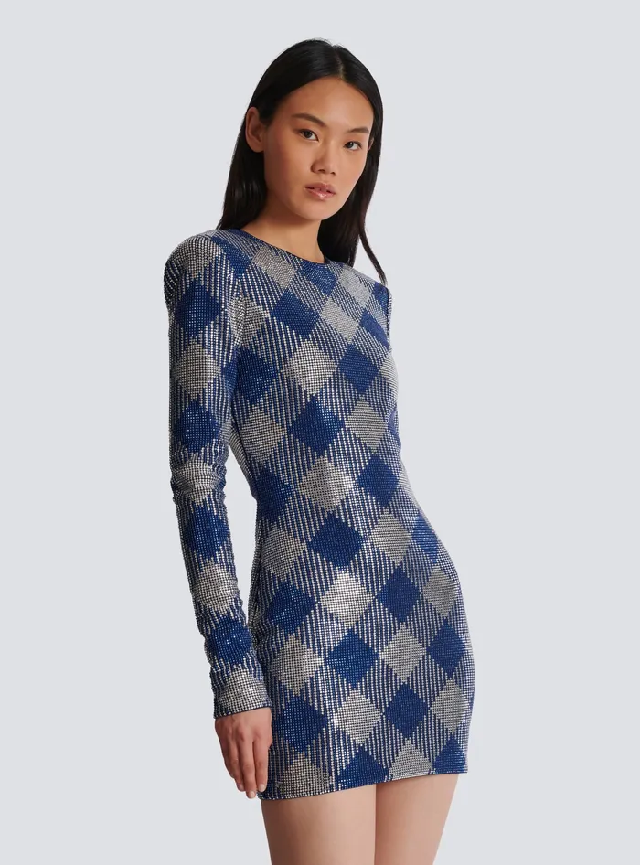 Balmain Gingham Rhinestone Dress Navy Women Dresses