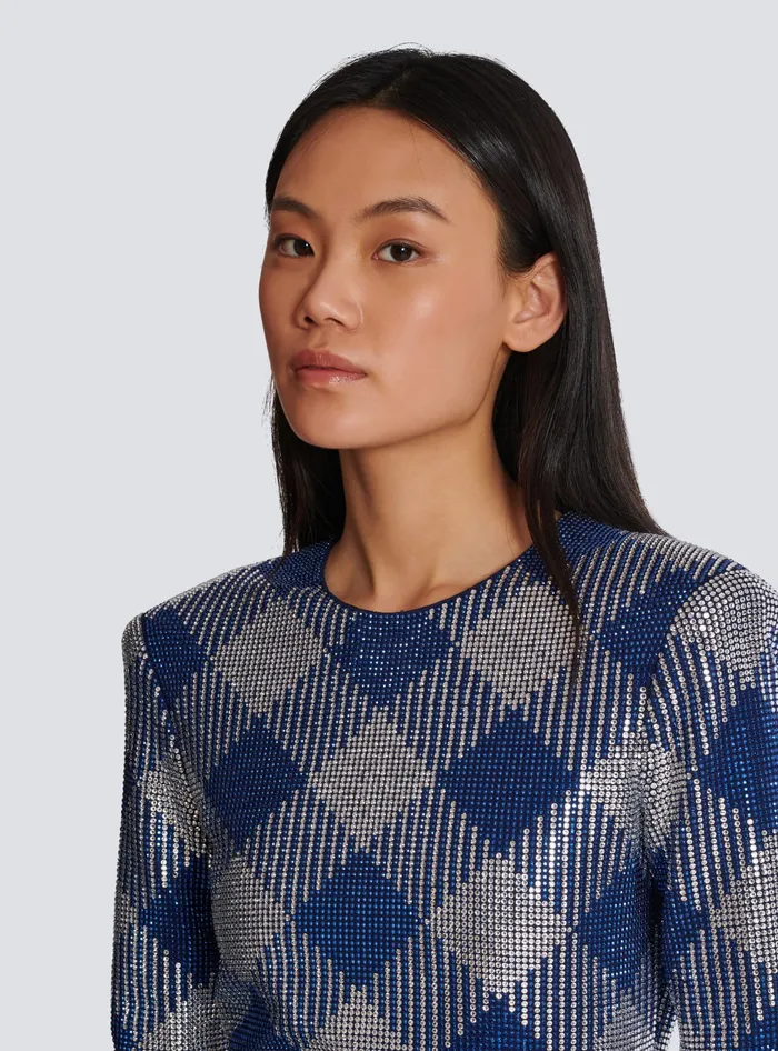 Balmain Gingham Rhinestone Dress Navy Women Dresses