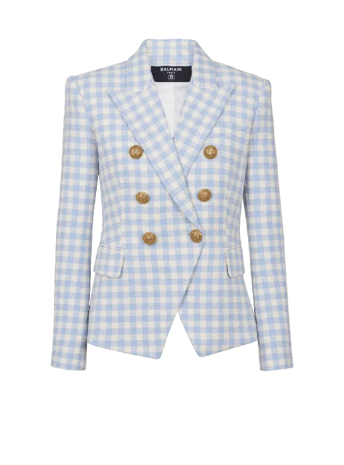 Balmain Gingham Tweed 6button Jacket Blue Women Jackets And Blazers