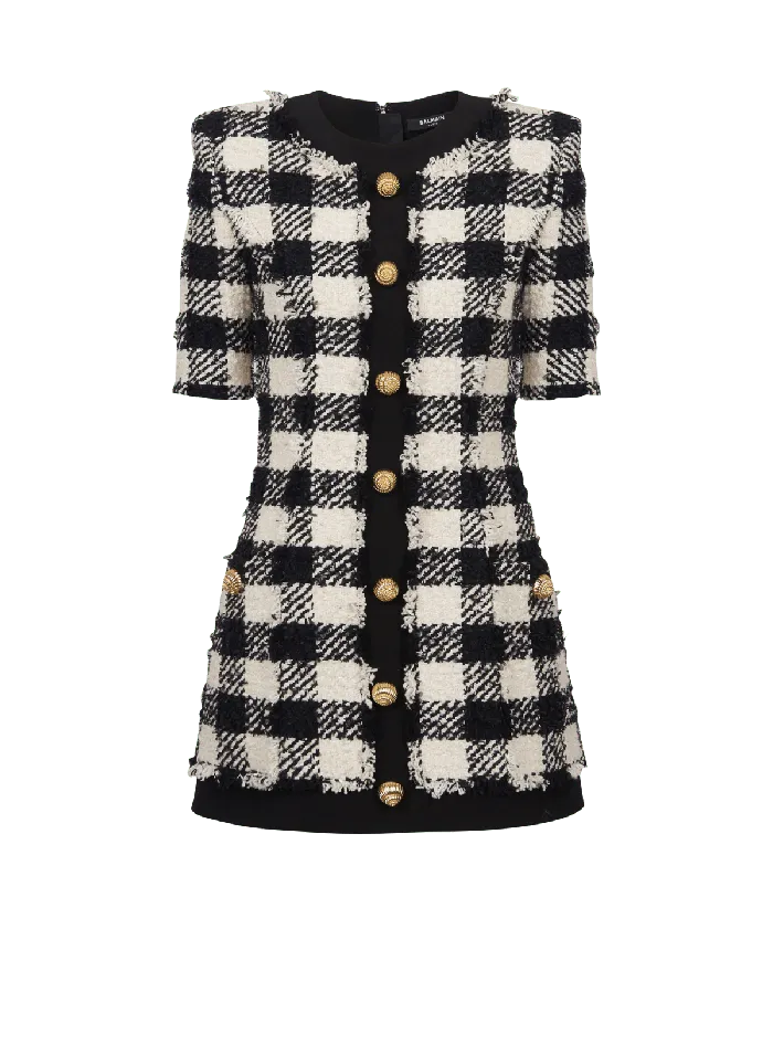 Balmain Gingham Tweed And Crepe Dress Black Women Dresses