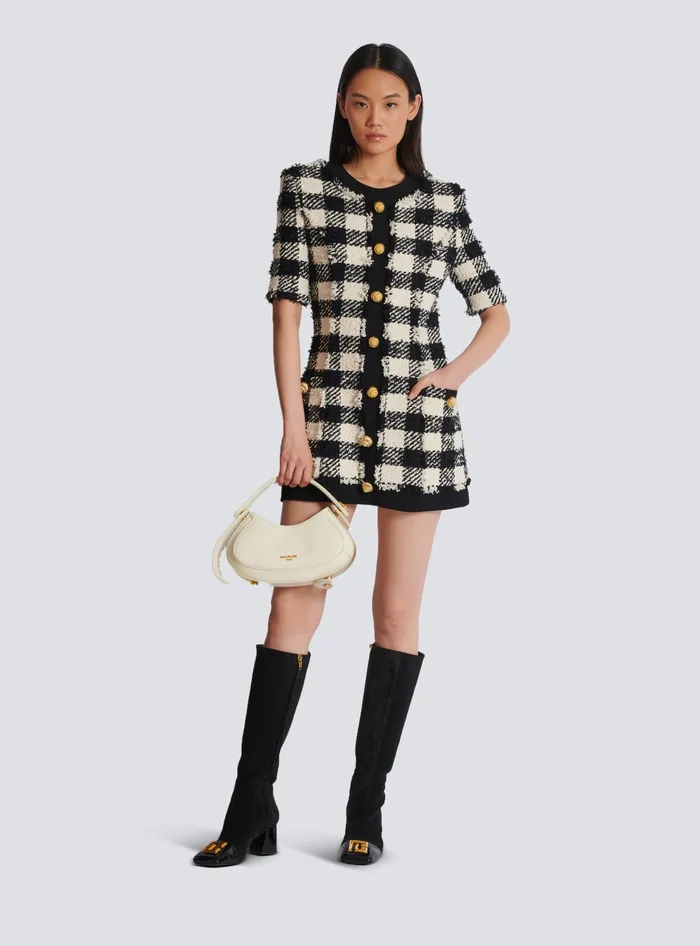 Balmain Gingham Tweed And Crepe Dress Black Women Dresses