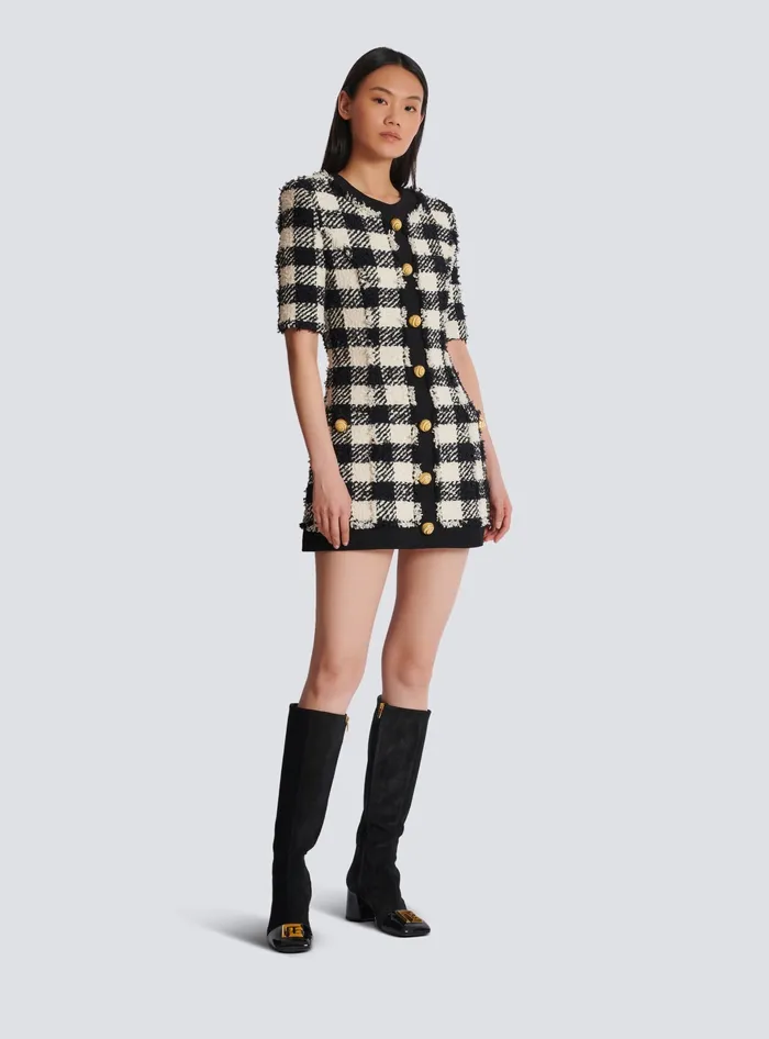 Balmain Gingham Tweed And Crepe Dress Black Women Dresses