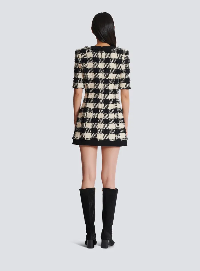 Balmain Gingham Tweed And Crepe Dress Black Women Dresses