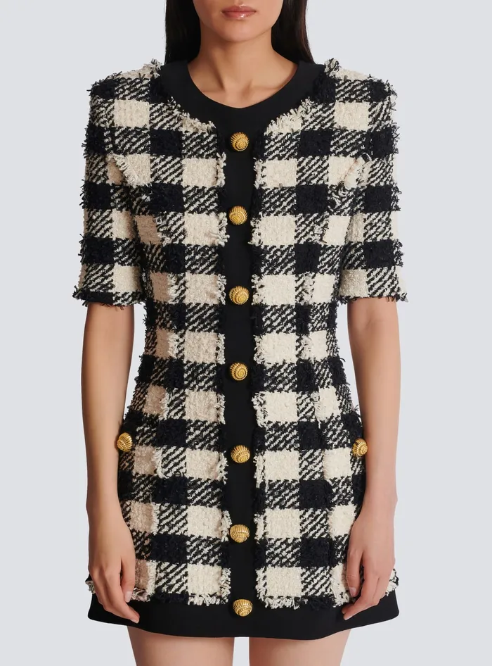 Balmain Gingham Tweed And Crepe Dress Black Women Dresses