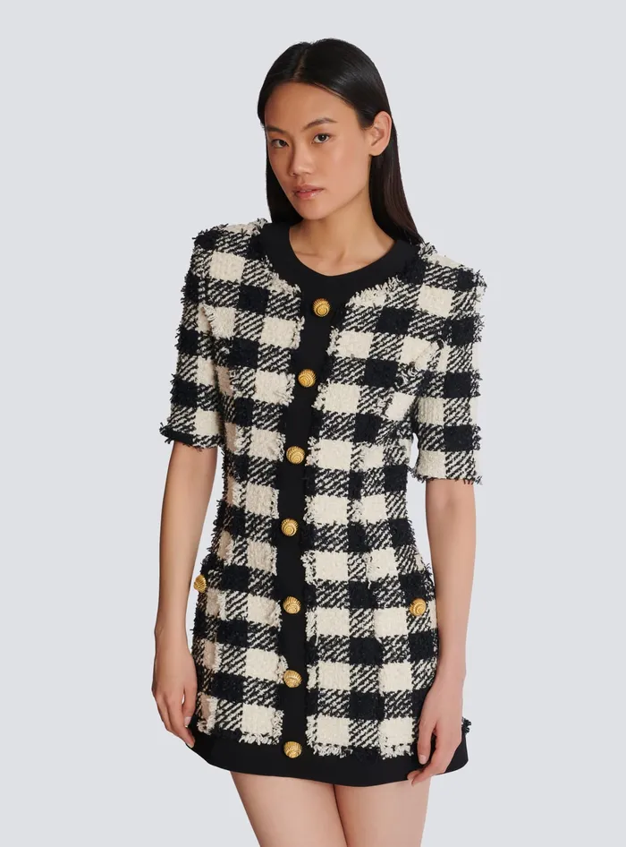 Balmain Gingham Tweed And Crepe Dress Black Women Dresses