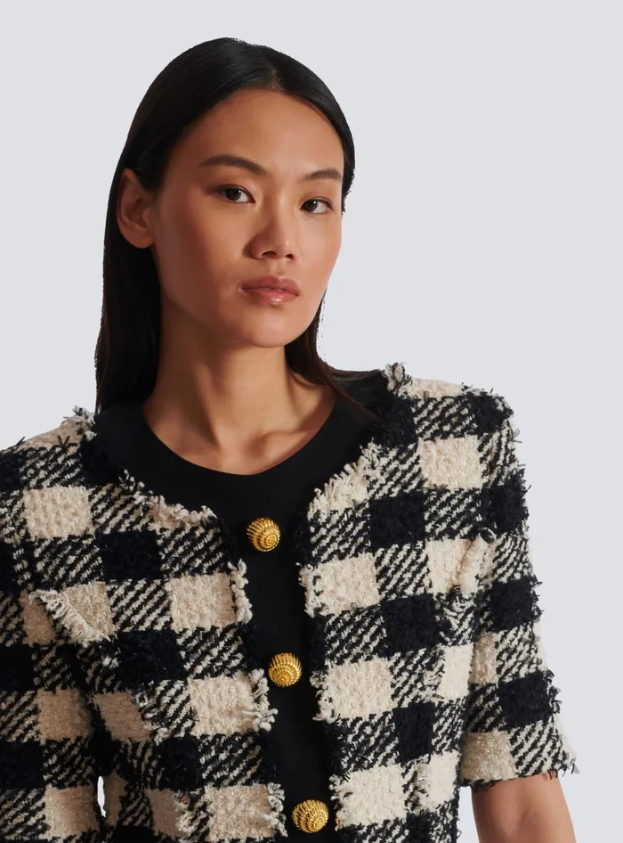 Balmain Gingham Tweed And Crepe Dress Black Women Dresses