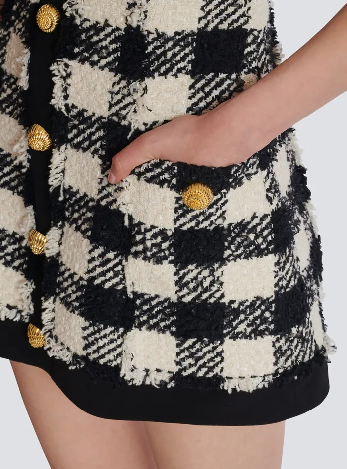 Balmain Gingham Tweed And Crepe Dress Black Women Dresses