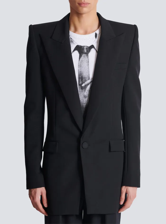 Balmain Grain De Poudre 1button Jacket With Shoulder Pads Black Men Jackets And Blazers