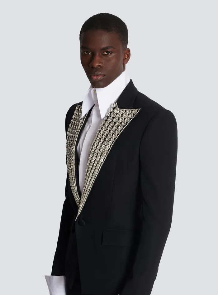 Balmain Jacket With Crystalembellished Collar Silver Men Jackets And Blazers