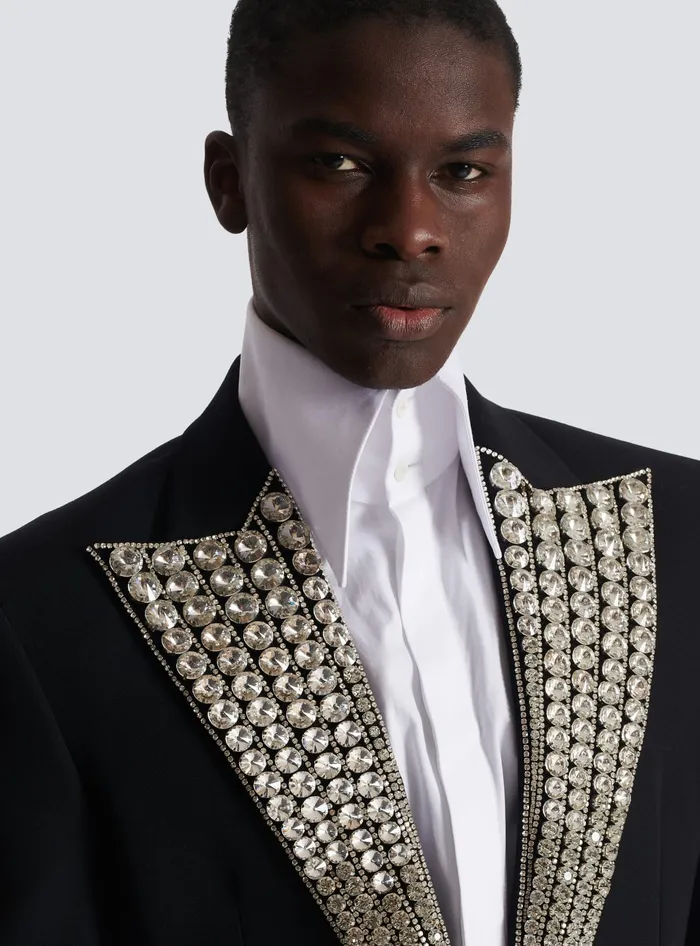 Balmain Jacket With Crystalembellished Collar Silver Men Jackets And Blazers
