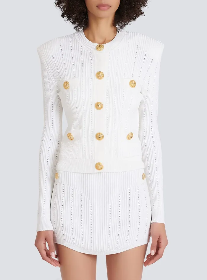 Balmain Knit Cardigan With Gold Buttons White Women Knitwear