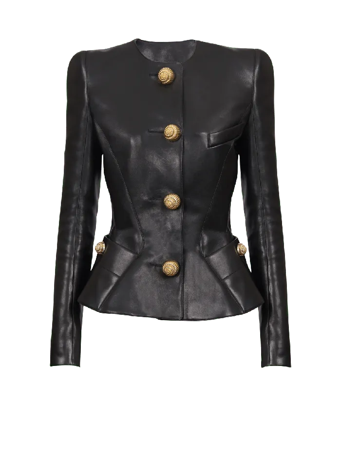 Balmain Lambskin Leather Peplum Jacket Black Women Jackets And Blazers