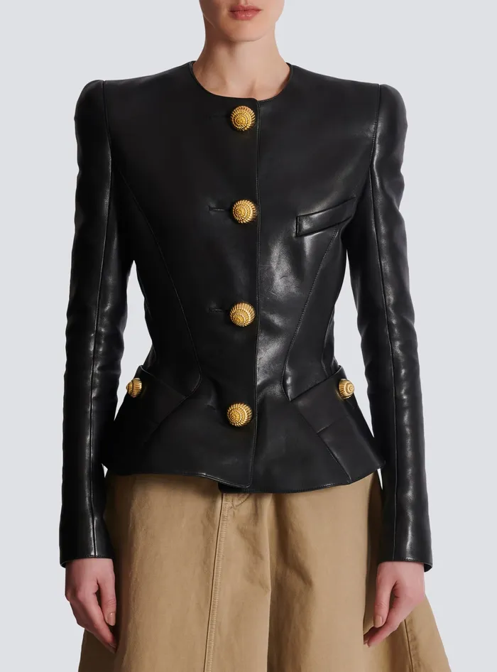 Balmain Lambskin Leather Peplum Jacket Black Women Jackets And Blazers