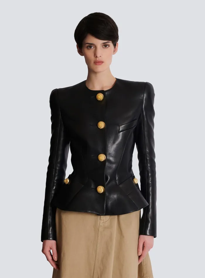 Balmain Lambskin Leather Peplum Jacket Black Women Jackets And Blazers