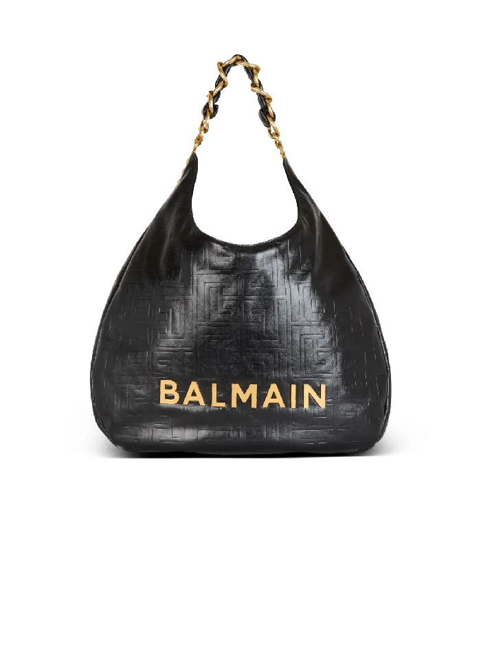 Balmain Large 1945 Soft Hobo Bag In Crinkled Calfskin Black Women Shoulder Bags