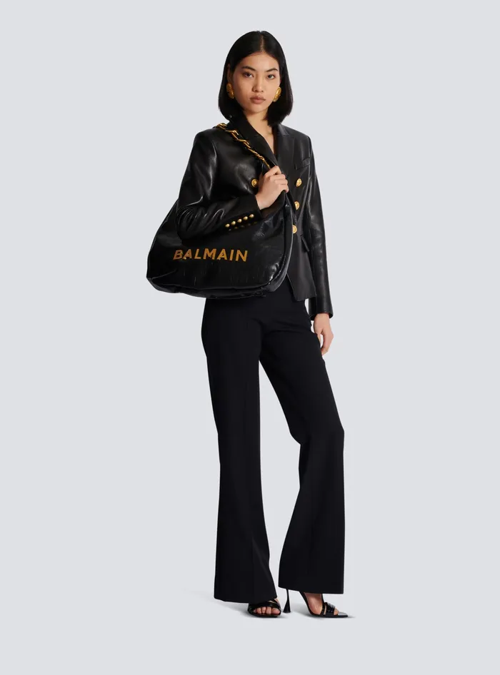 Balmain Large 1945 Soft Hobo Bag In Crinkled Calfskin Black Women Shoulder Bags