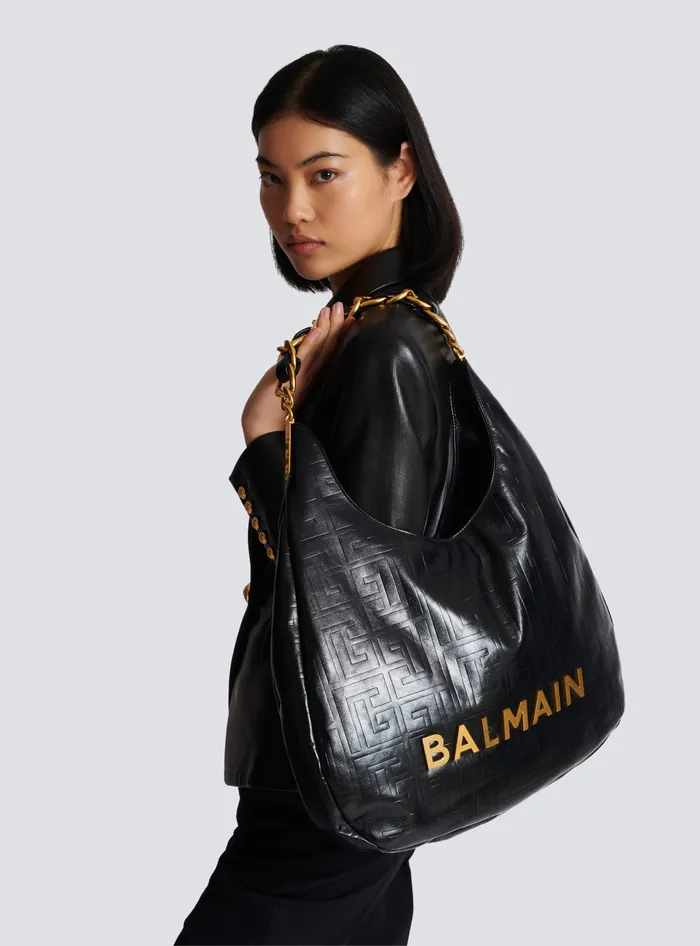 Balmain Large 1945 Soft Hobo Bag In Crinkled Calfskin Black Women Shoulder Bags