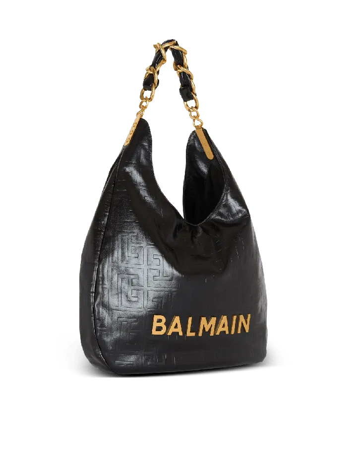 Balmain Large 1945 Soft Hobo Bag In Crinkled Calfskin Black Women Shoulder Bags