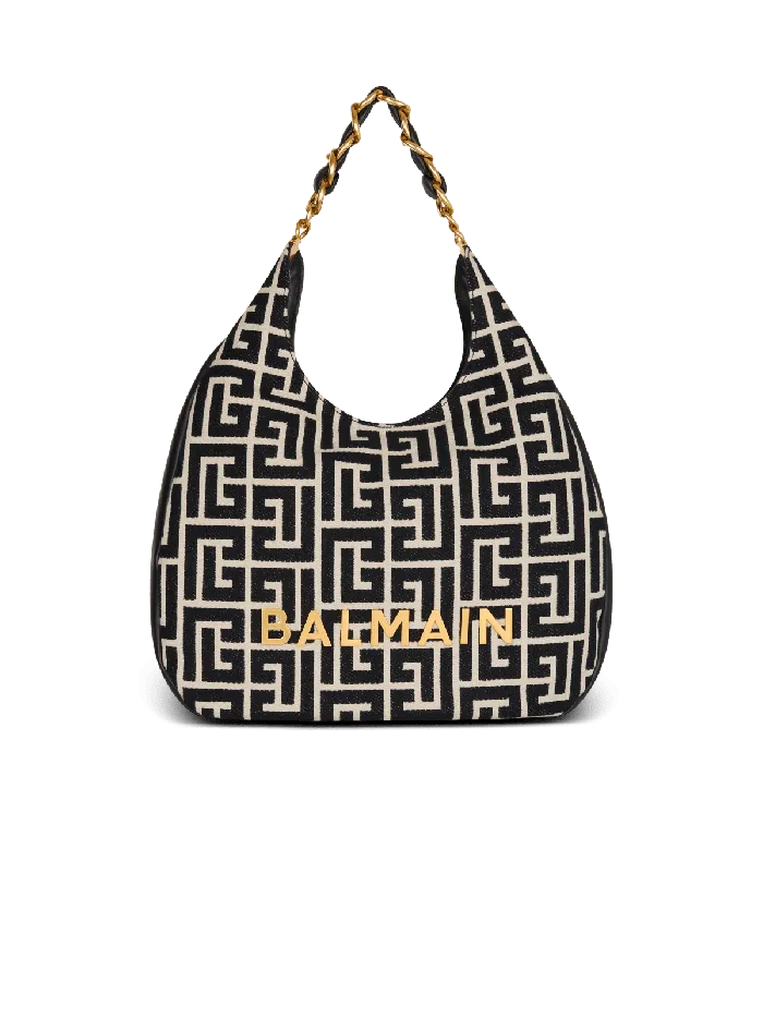 Balmain Large 1945 Soft Hobo Bag In Jacquard Fabric With A PB Labyrinth Monogram Black Women Shoulder Bags Balmain Large 1945 Soft Hobo Bag In Jacquard Fabric With A PB Labyrinth Monogram Black Women Shoulder Bags
