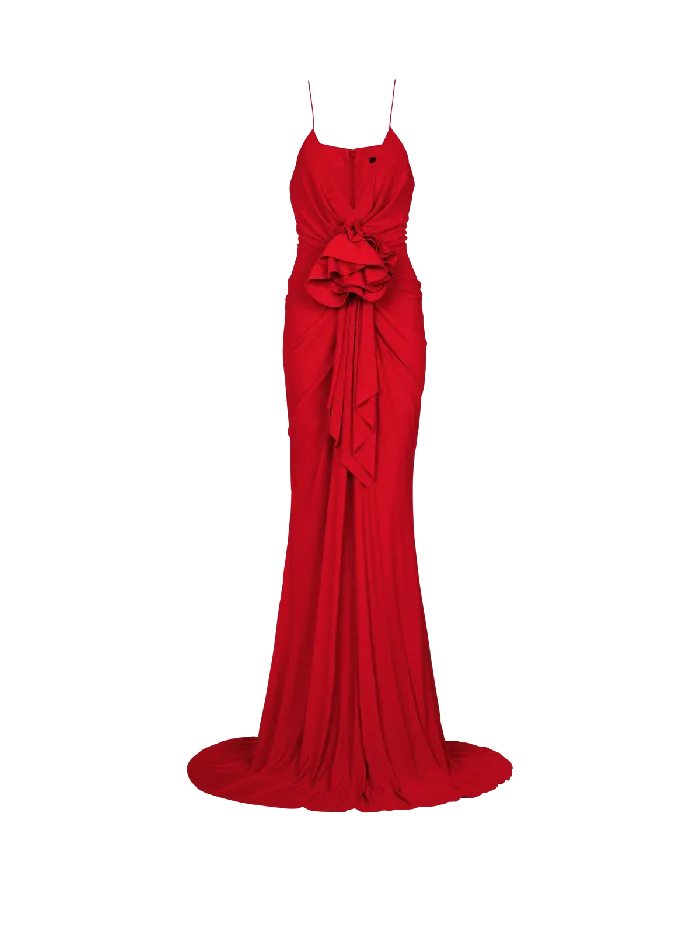 Balmain Long Pleated Dress With Flower Detail Red Women Dresses