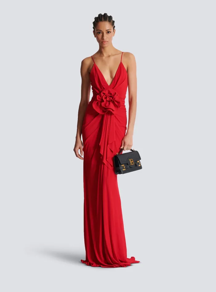 Balmain Long Pleated Dress With Flower Detail Red Women Dresses