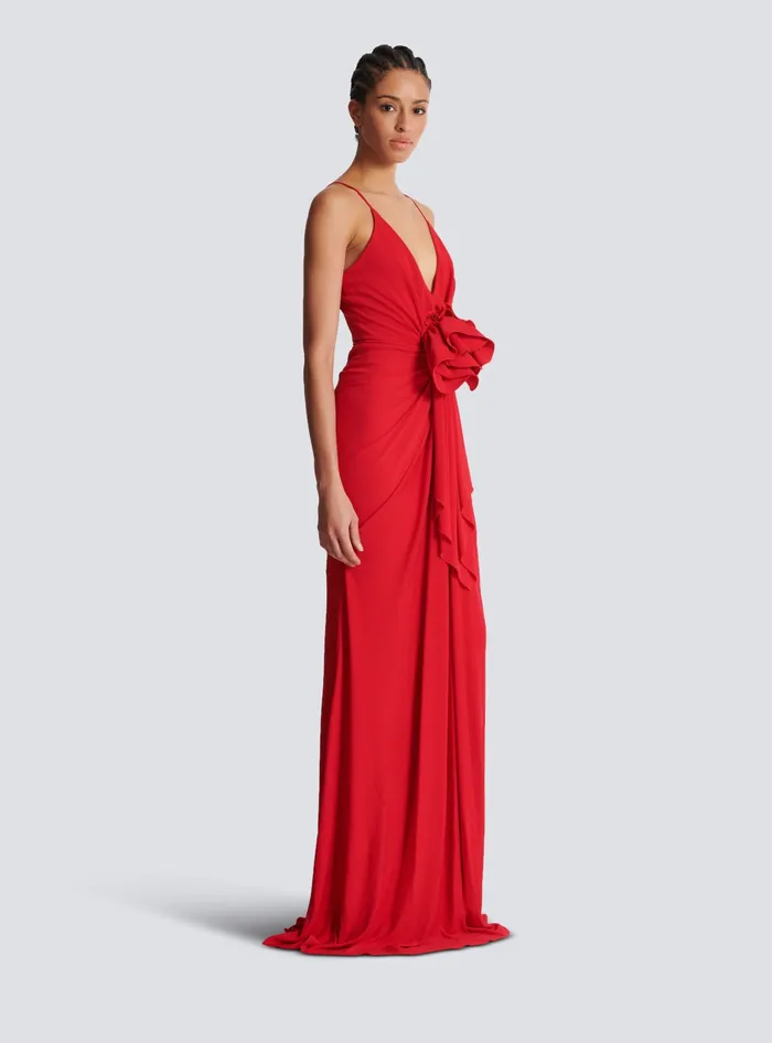 Balmain Long Pleated Dress With Flower Detail Red Women Dresses