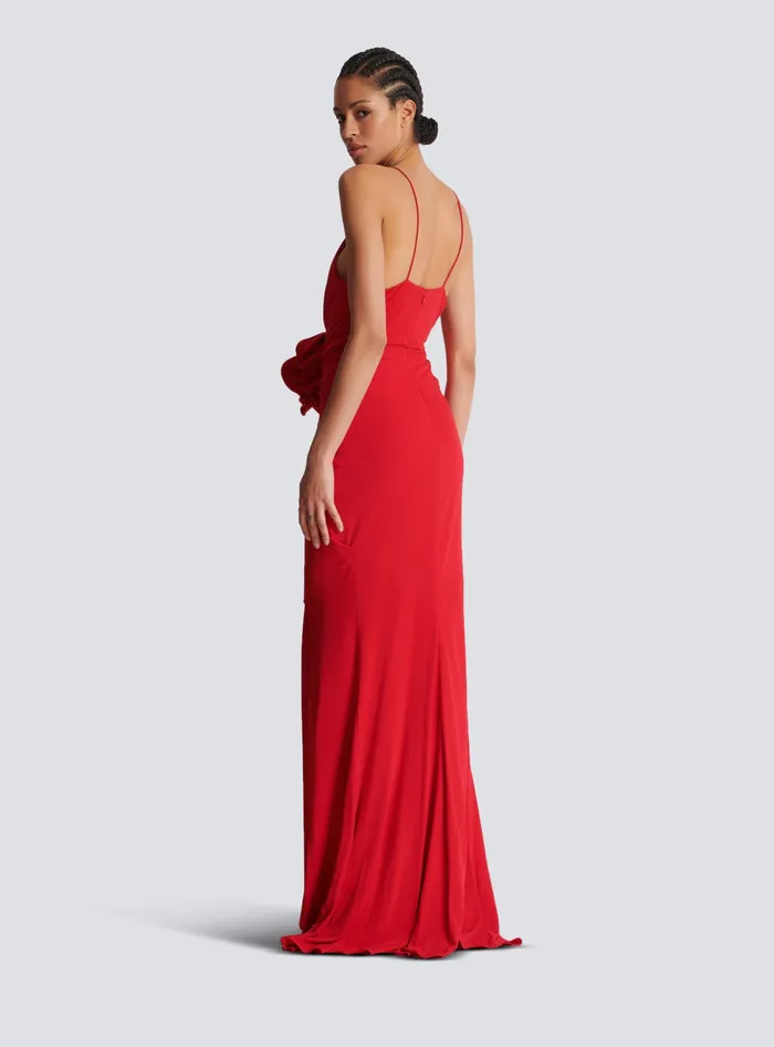 Balmain Long Pleated Dress With Flower Detail Red Women Dresses