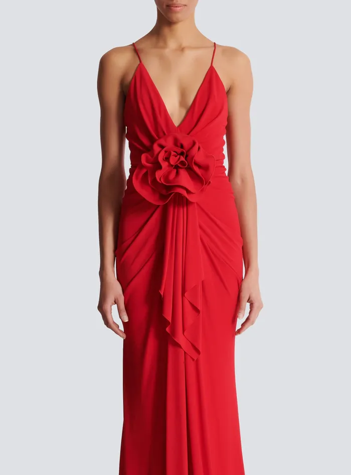 Balmain Long Pleated Dress With Flower Detail Red Women Dresses
