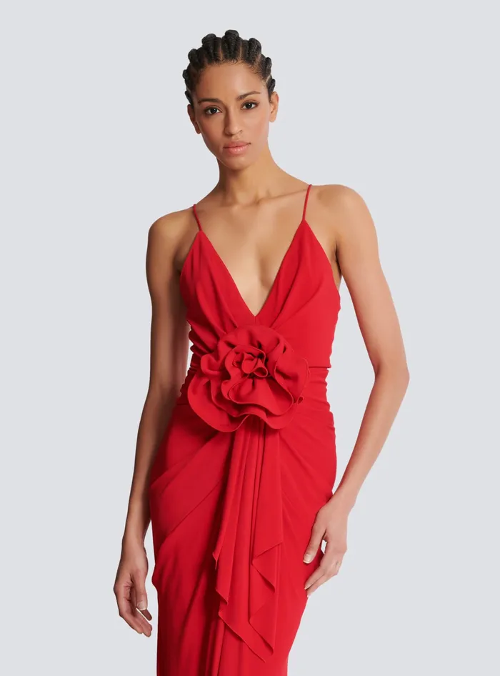 Balmain Long Pleated Dress With Flower Detail Red Women Dresses