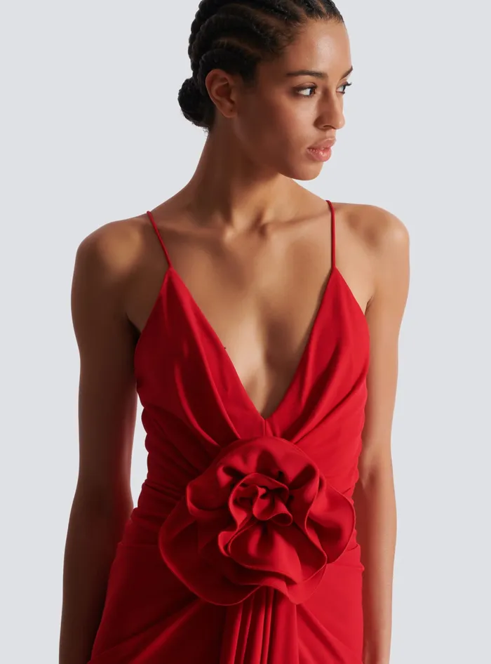 Balmain Long Pleated Dress With Flower Detail Red Women Dresses