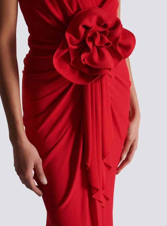 Balmain Long Pleated Dress With Flower Detail Red Women Dresses