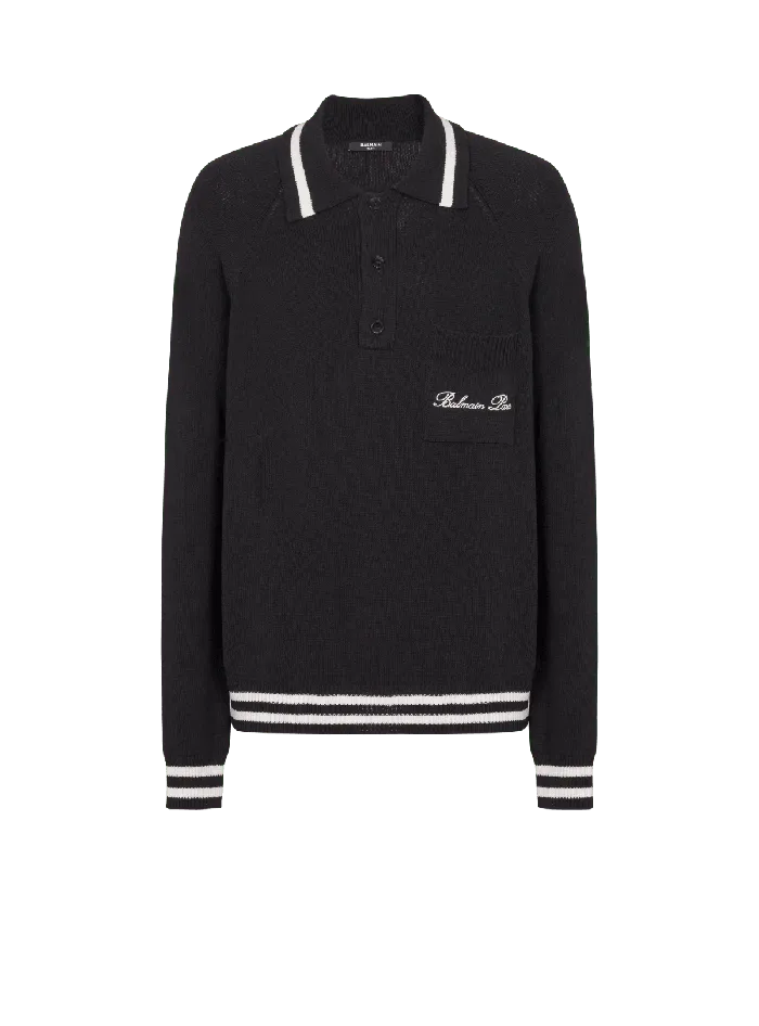 Balmain Longsleeved Wool Polo Shirt With Embroidery Black Men Knitwear