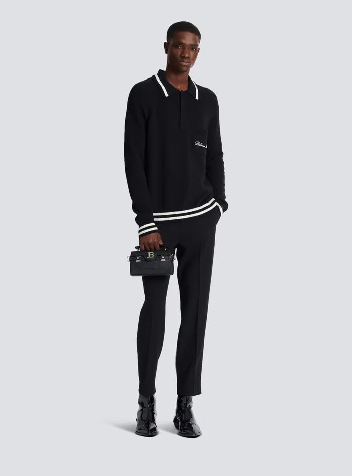 Balmain Longsleeved Wool Polo Shirt With Embroidery Black Men Knitwear