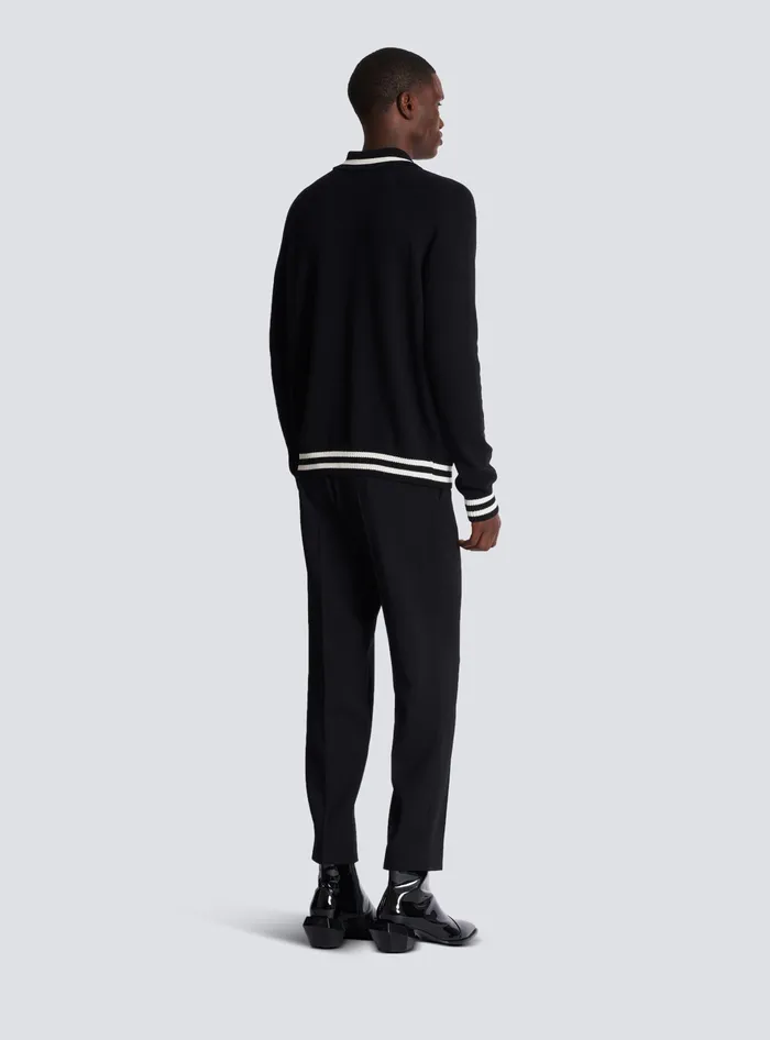 Balmain Longsleeved Wool Polo Shirt With Embroidery Black Men Knitwear
