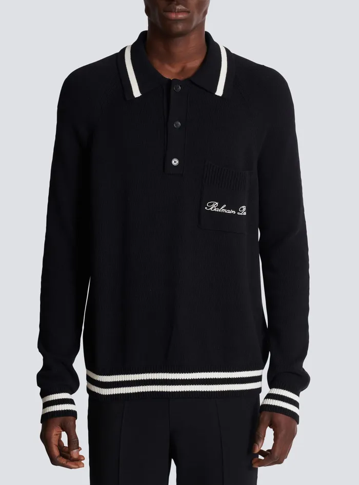 Balmain Longsleeved Wool Polo Shirt With Embroidery Black Men Knitwear