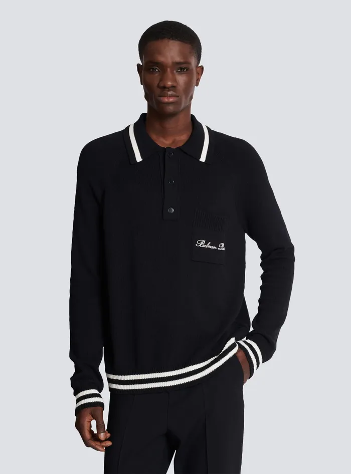 Balmain Longsleeved Wool Polo Shirt With Embroidery Black Men Knitwear