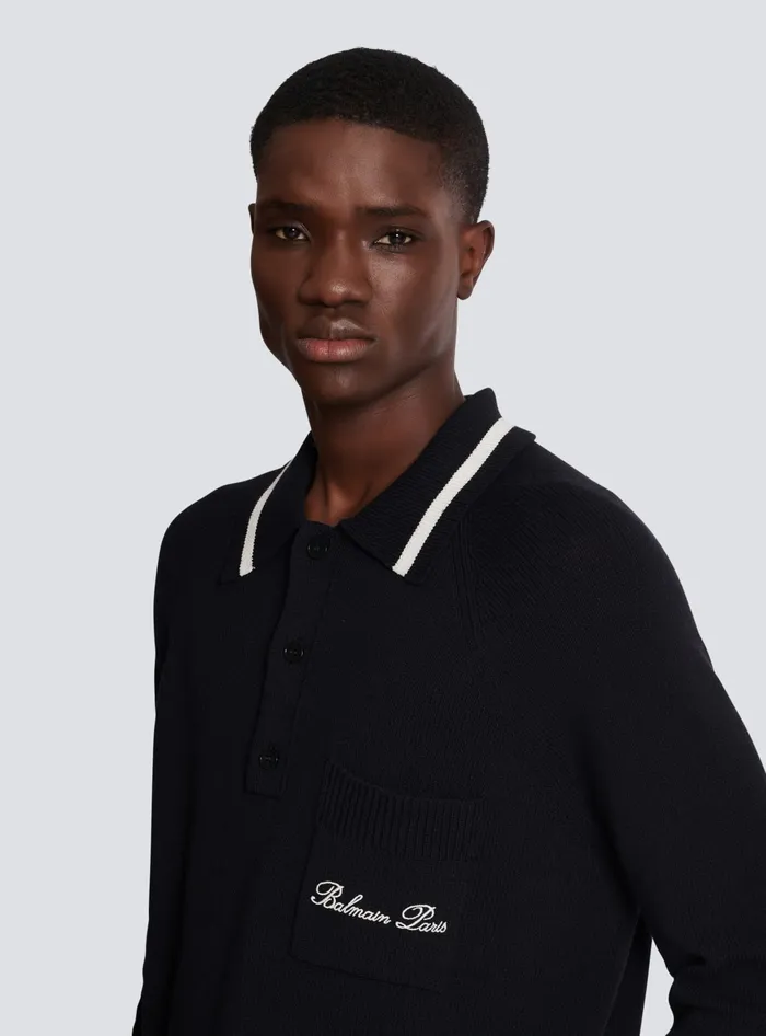 Balmain Longsleeved Wool Polo Shirt With Embroidery Black Men Knitwear