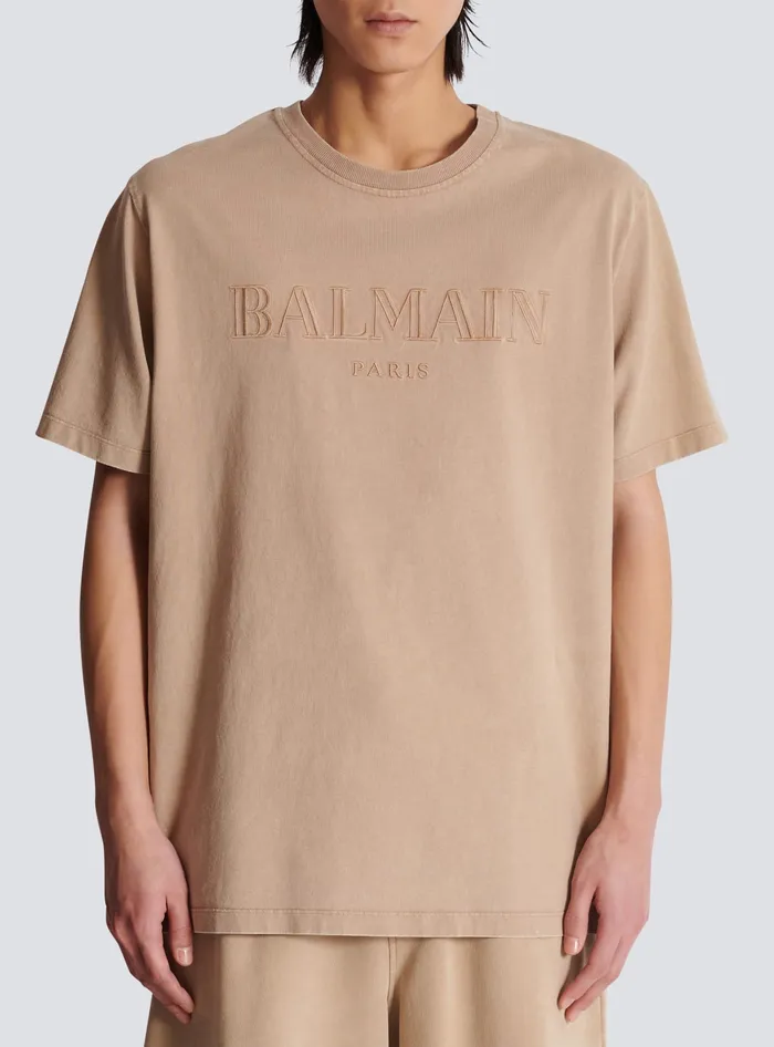 Balmain Loose Tshirt With Vintage Embroidery Beige Men TShirts