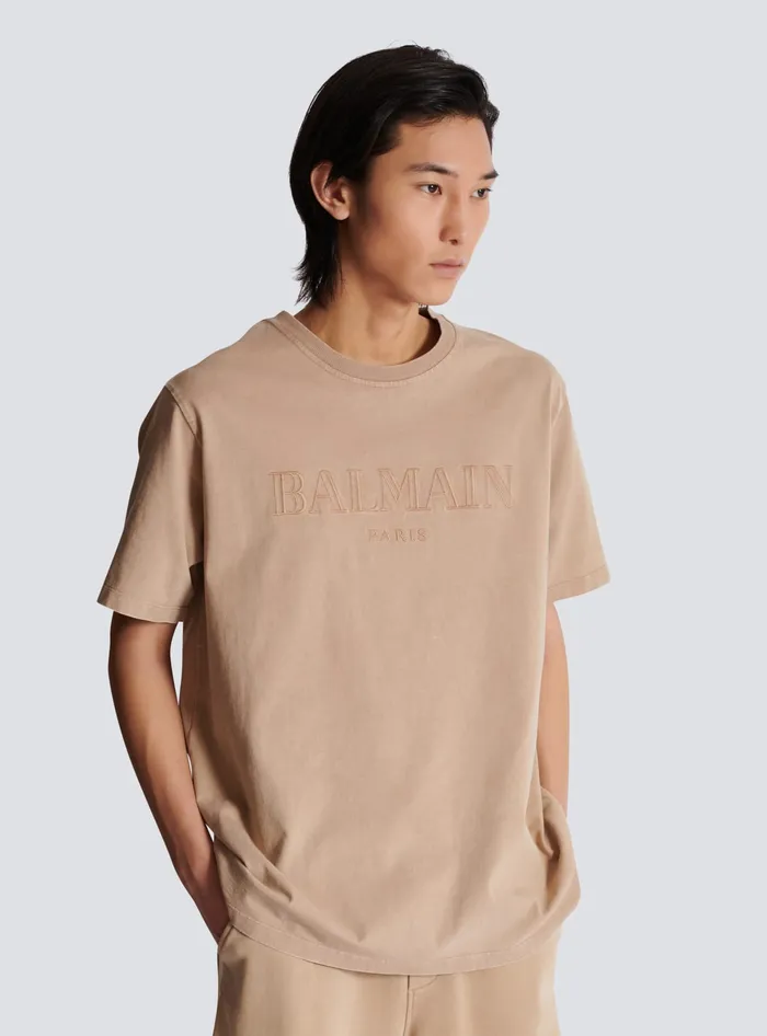 Balmain Loose Tshirt With Vintage Embroidery Beige Men TShirts