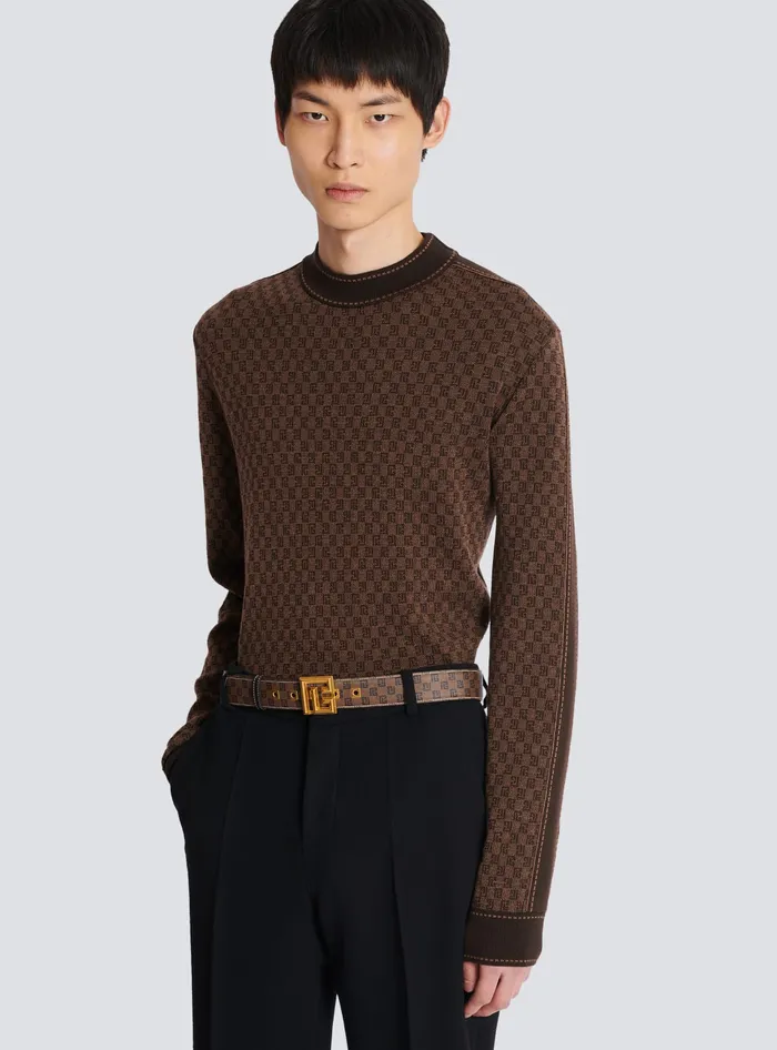 Balmain Mini Monogrammed Waxed Canvas Belt Brown Men Belts