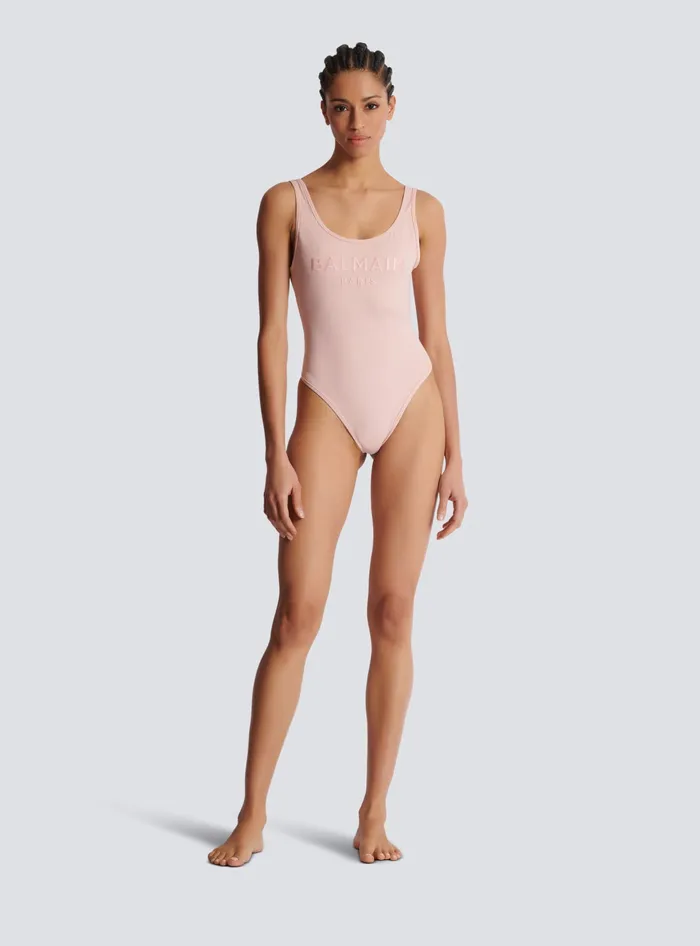 Balmain Onepiece Swimsuit With Paris Embroidery Pink Women Swimwear