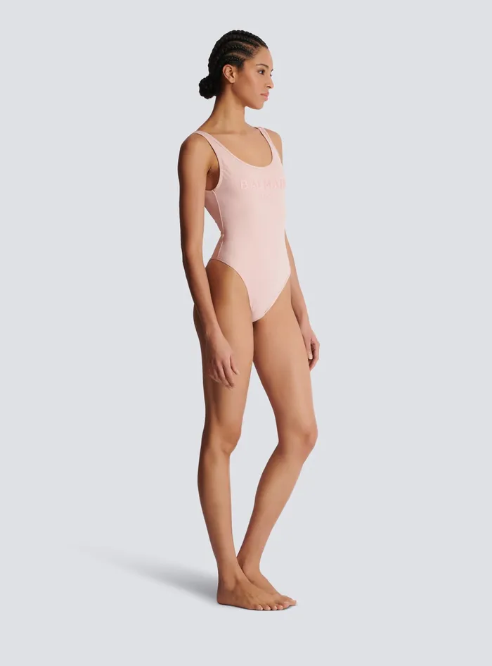 Balmain Onepiece Swimsuit With Paris Embroidery Pink Women Swimwear