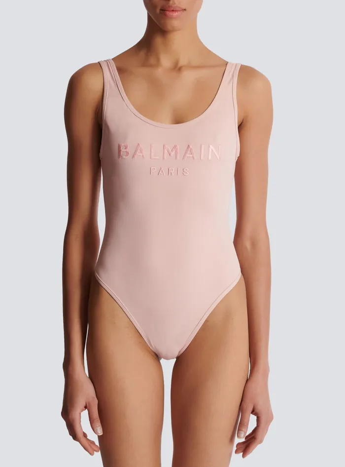Balmain Onepiece Swimsuit With Paris Embroidery Pink Women Swimwear