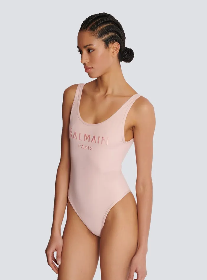 Balmain Onepiece Swimsuit With Paris Embroidery Pink Women Swimwear