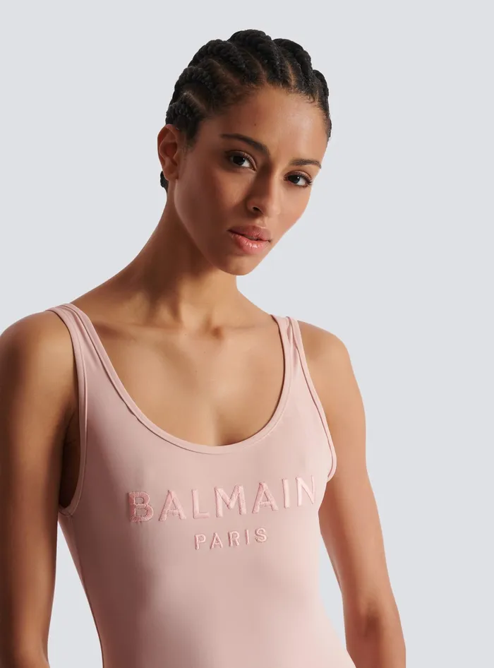 Balmain Onepiece Swimsuit With Paris Embroidery Pink Women Swimwear