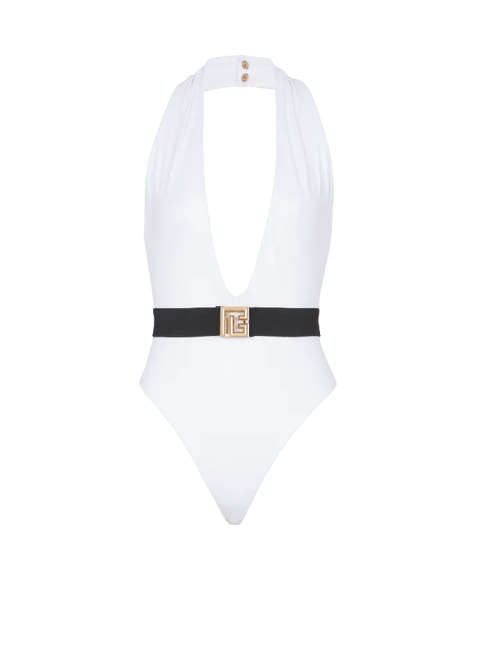 Balmain Onepiece Swimsuit With PB Belt White Women Swimwear