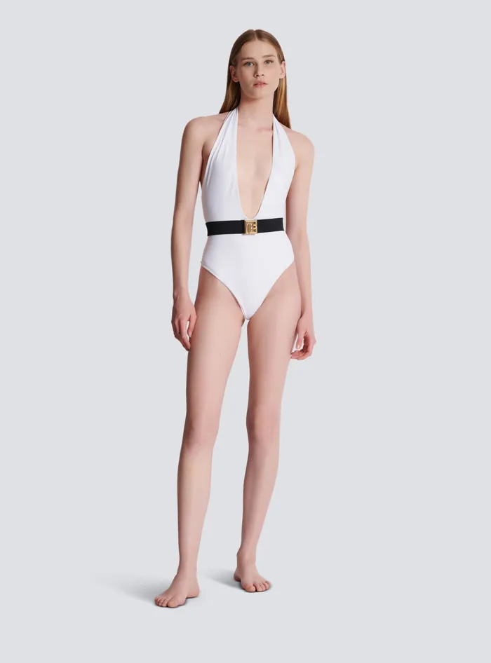 Balmain Onepiece Swimsuit With PB Belt White Women Swimwear