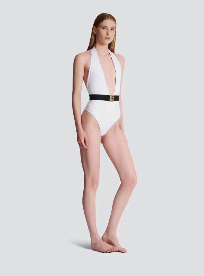 Balmain Onepiece Swimsuit With PB Belt White Women Swimwear